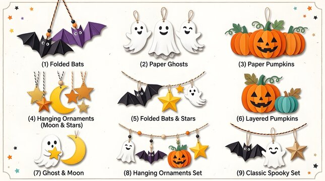 Halloween Paper Hanging Ornaments Set with Bats Ghosts Pumpkins and Stars