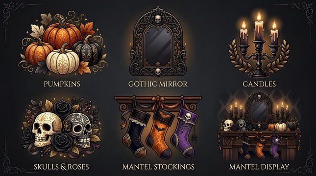 Gothic Halloween Home Decor Set with Pumpkins Skulls and Festive Mantel Decorations