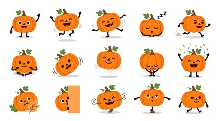 Fototapeta premium Cute Halloween pumpkin character set with various funny expressions and poses.