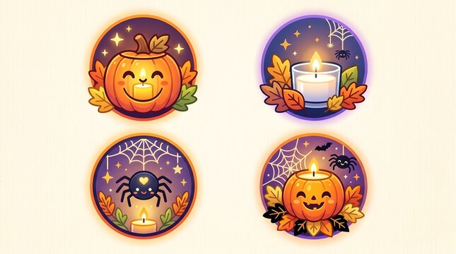 Set of cute pixel art Halloween icons with pumpkins, candles, and spiders for autumn design