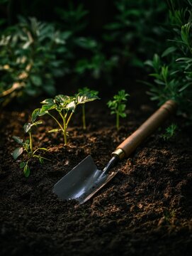 Trowel resting in rich soil near green seedlings