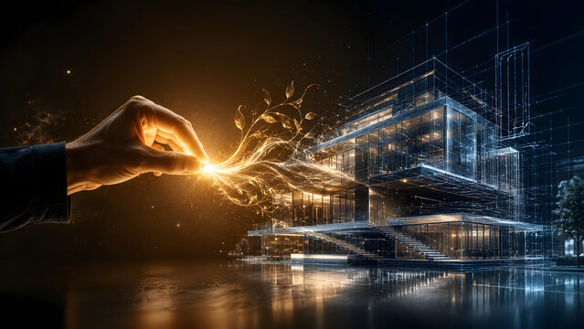 Futuristic Sustainable Architecture with Golden Digital Energy and Human Hand
