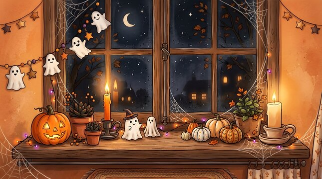 Cozy autumn windowsill with pumpkins, candles, and festive holiday decor at night
