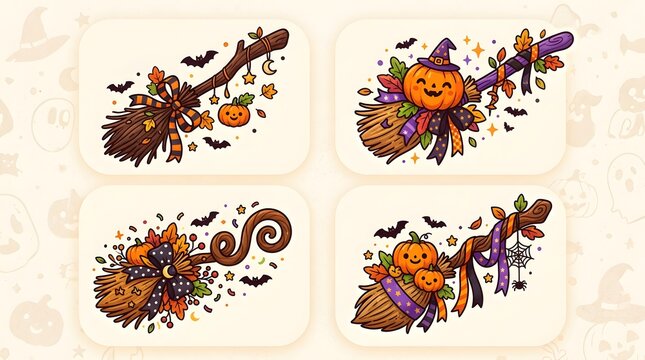 Set of four cute Halloween witch broomstick illustrations with pumpkins and bats
