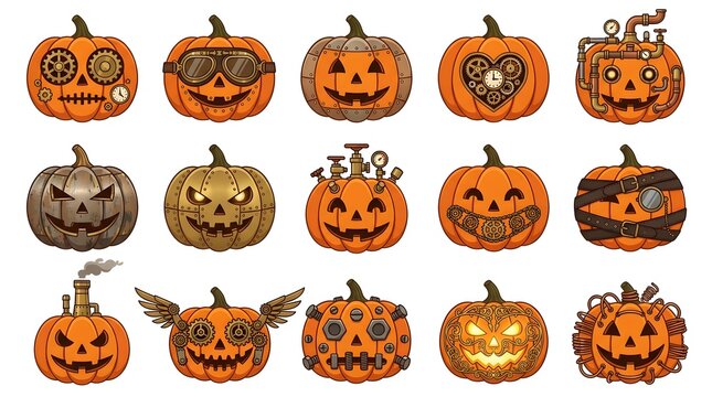 Set of steampunk Halloween pumpkins with mechanical gears and industrial metal details