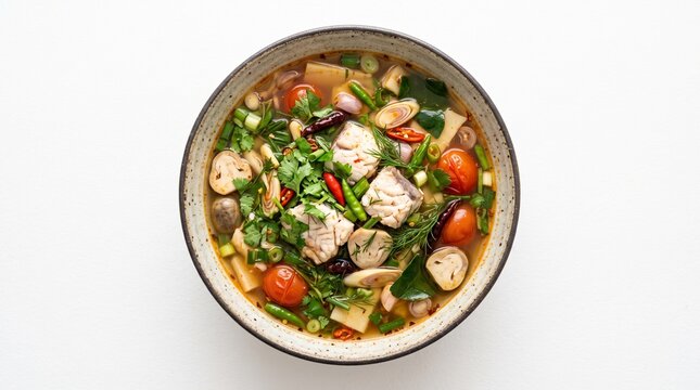 Lao Spicy Sour Fish Soup with Mushroom in Bowl