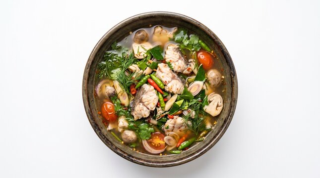 Lao Spicy Sour Fish Soup in Dark Green Bowl