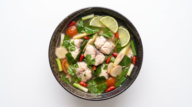 Lao Spicy Sour Fish Soup with Lime Wedges in Bowl
