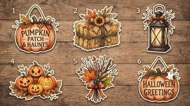 Set of rustic autumn and Halloween decorative stickers on a wooden background