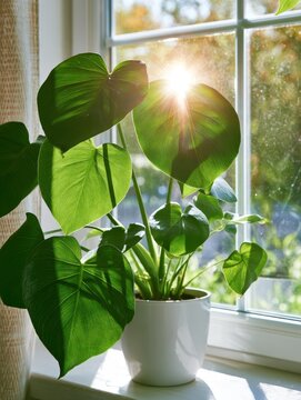 Green houseplant in white pot receiving morning sunlight