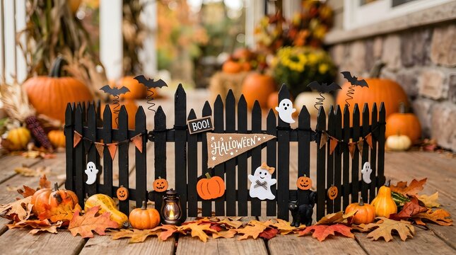 Halloween porch decor with black picket fence and pumpkins for autumn holiday celebration
