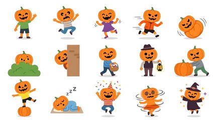 Fototapeta premium Set of cute children with pumpkin heads in various poses for Halloween celebration