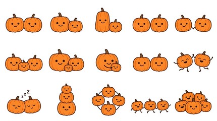 Obraz premium Cute cartoon pumpkin characters set for Halloween and autumn harvest holiday design