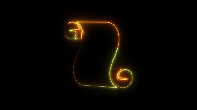 Neon outline of a rolled scroll or parchment in orange and green on a black background