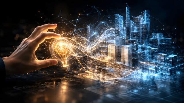 Futuristic Sustainable Architecture with Golden Digital Energy and Human Hand