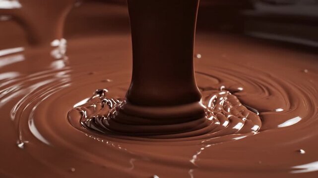 Liquid chocolate pouring and swirling in a glossy smooth stream.