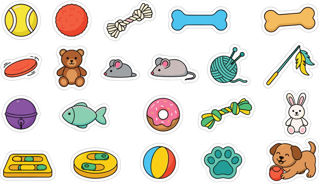 Cute pet toys and domestic animal accessories sticker pack collection with cartoon dog cat items and puppy gear isolated vector (18 words)