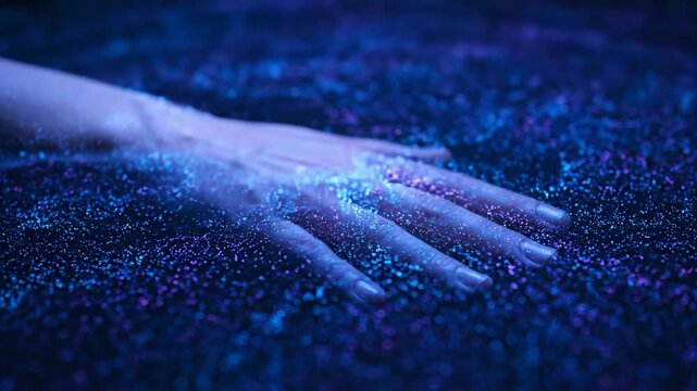 Hand touching glowing digital particles and fluid data streams in futuristic tech visualization.