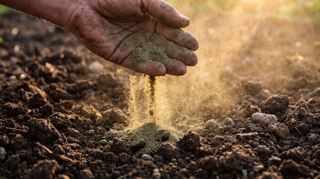Close-up of a person's hand sprinkling fine soil amendment powder onto fertile ground during golden hour sunlight.