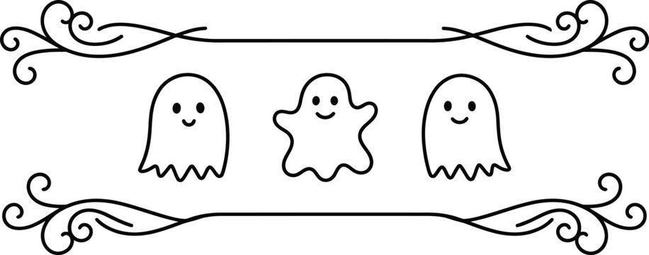 Charming halloween vector illustration featuring three adorable ghosts playfully framed by decorative swirls perfect for seasonal greetings and spooky designs