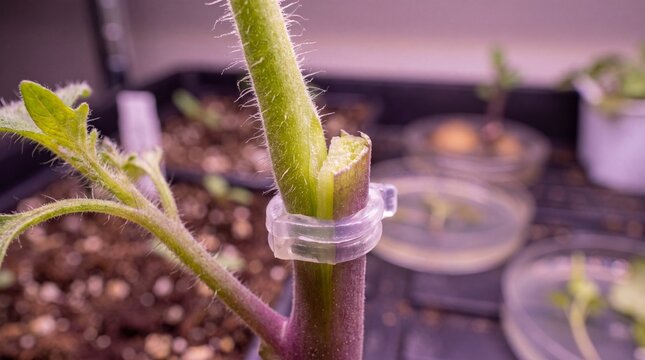 Close-up of a tomato seedling grafted onto a potato rootstock, showcasing agricultural innovation and plant science in a controlled environment.