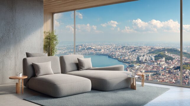 Modern Living Room with Expansive Cityscape Window