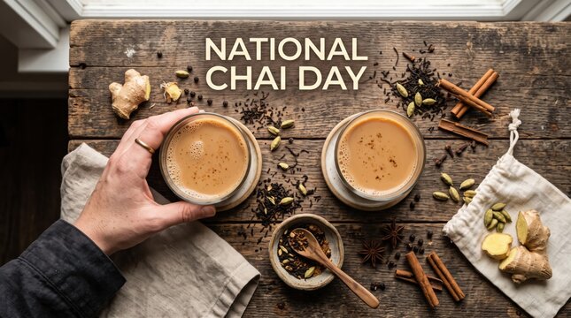 Two glasses of masala chai tea on a rustic wooden table with ginger root cinnamon sticks cardamom pods and loose tea leaves and a hand holding one glass with national chai day text overlay