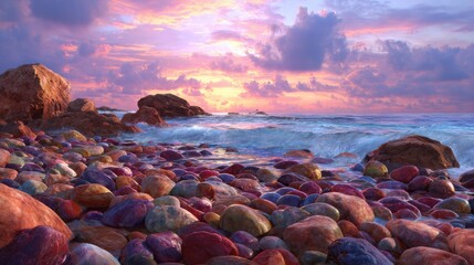 Obraz premium Rocky coastline with gentle waves during a colorful sunset