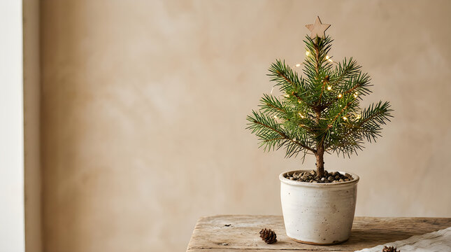 Happy Christmas Small Potted Fir Tree with Garland Lights. Miniature Decorative Christmas Tree on Wood Table with Pine Cones. Natural New Year Holiday Decoration. Rustic Indoor Winter Seasonal