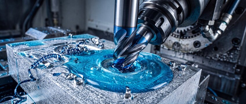 Metal milling machine cuts a precise circular pocket in a steel block with blue cooling liquid and spiral shavings flying from the tool