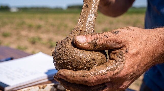 Close-up of hands covered in wet mud squeezing a clay ribbon outdoors, suggesting soil testing or agricultural work