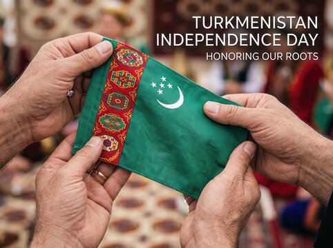 Two pairs of hands holding a small green turkmenistan flag with a vertical red patterned stripe and a white crescent moon and five stars against a blurred background