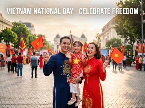 Vietnamese family wearing traditional ao dai clothing holding small red flags with yellow stars while standing on a paved city street during a national holiday celebration in the afternoon sun