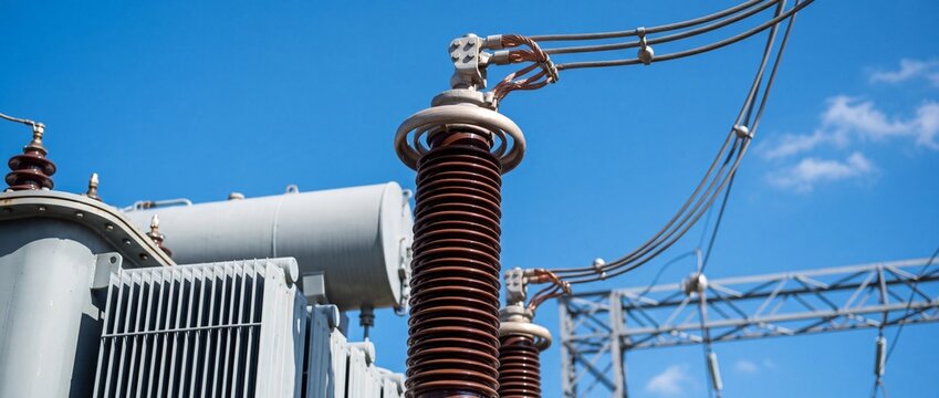 High voltage porcelain insulator bushing installed on electricity distribution transformer station against clear blue sky background