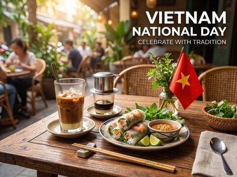 Vietnamese iced coffee with shrimp spring rolls and a small vietnam flag on a wooden table at an outdoor cafe