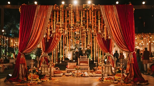 Ornate indian wedding mandap stage decorated with vibrant orange and red drapes, hanging marigold garlands, brass bells, and traditional oil lamps