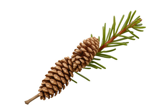 Brown pinecone on green evergreen branch