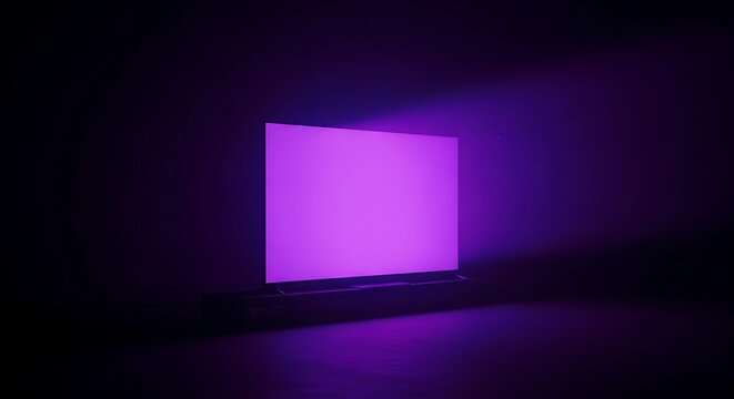 Modern Television Screen Emitting Bright Purple Light in a Dark Room, Futuristic Display