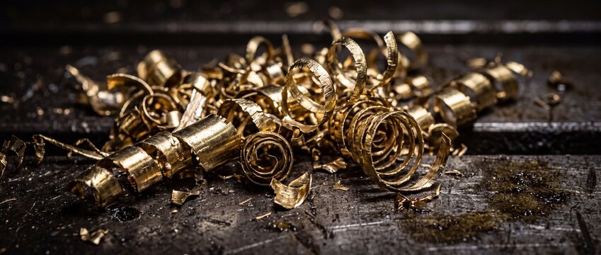 Shiny brass metal shavings and spiral chips on dark industrial floor represent waste material from precision lathe machining operations.