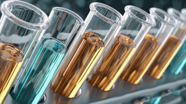Test Tubes Filled With Liquids in a Scientific Laboratory Rack