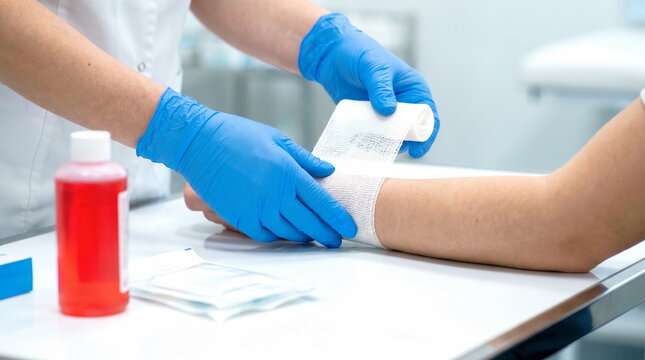 Medical care applying sterile bandage to arm in clinic examination room for injury treatment and first aid.