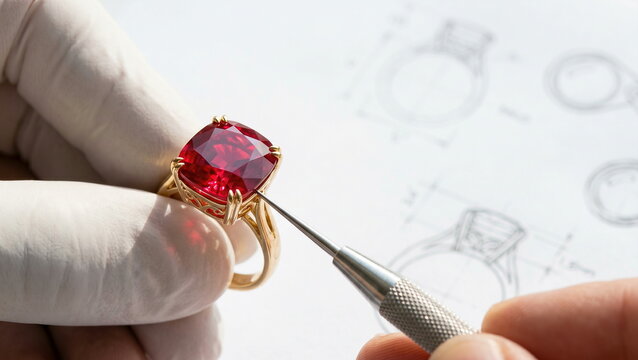 Jewelry craftsman inspecting ruby gold ring setting with precision tool against blurred jewelry design sketches, high-end gemology and craftsmanship.