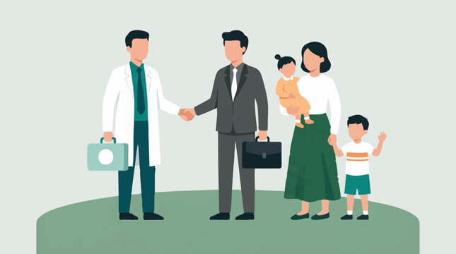 Doctor shaking hands with businessman, family looking on illustration