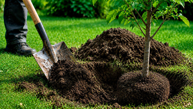 Gardener planting young tree with shovel digging soil in green garden lawn. Spring gardening work and environmental conservation. Ecology and sustainability concept for reforestation