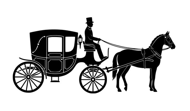 Victorian horse carriage side profile silhouette with formally dressed top hat driver ornate coach wheels and single horse vector artwork