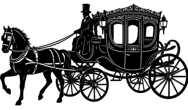 Ornate nineteenth century horse coach front side silhouette with coachman top hat harness large wheels for heritage tourism vector illustration