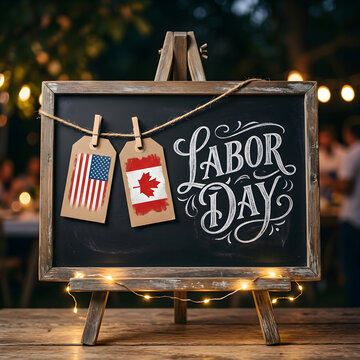 Celebration Concept Chalkboard Sign with American and Canadian Flag Tags Evening Setting