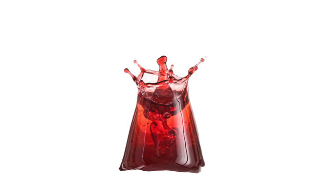 Red liquid splashing inside a clear glass erlenmeyer flask container isolated on a transparent background