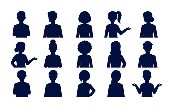 Set of diverse professional people silhouettes representing different business roles and communication gestures on white background