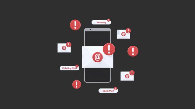 Email phishing scam animation with warning notifications illustrating cybersecurity threats, online fraud, email security, data protection, and digital privacy risks.
